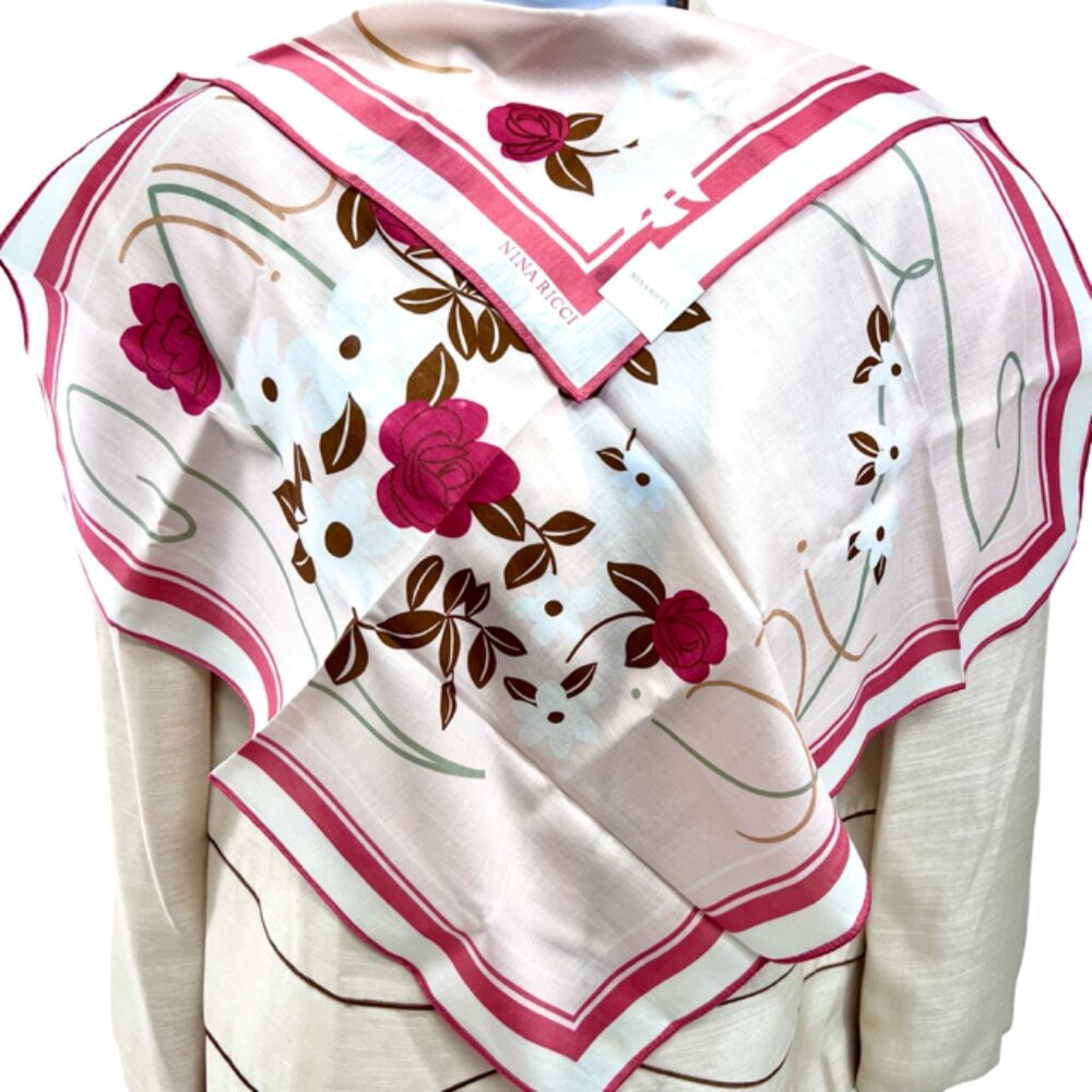 New  tag on Nina Ricci  scarf cotton/silk 22" white pink floral (56)